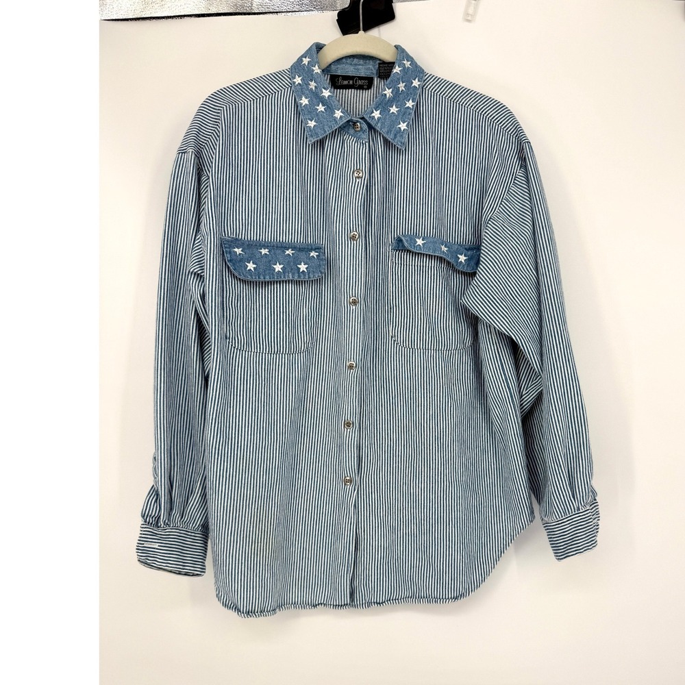Lemon Grass Womens M Star Stripe Button‎ Up Shirt Blue White Western Boho Top